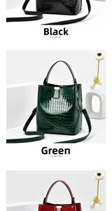 Detailed comparison of crocodile pattern bucket bags in black, green and burgundy red