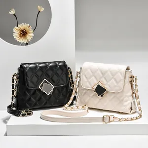 Rhombic Quilted Chain Crossbody Bag For Women PU Leather Small Square Shoulder Bag With Metal Lock Elegant Fashion Handbag