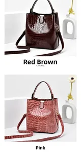 Detail showing crocodile embossed texture and metallic buckle on pink and brown bucket bags