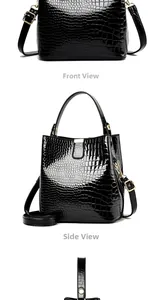 Detailed views of black crocodile pattern patent leather bucket bag with gold hardware