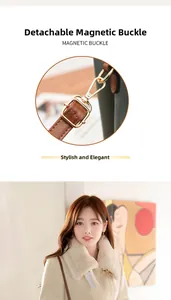 Detail of detachable metal buckle on brown PU leather strap with fashion lifestyle view
