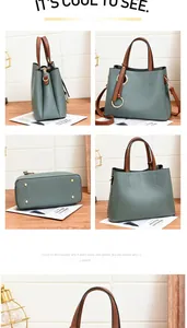 Detailed views of gray-green PU leather tote featuring gold ring hardware and metal feet