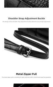 Détail de la bandoulière réglable avec boucle argentée sur sac en cuir gaufré crocodile noir