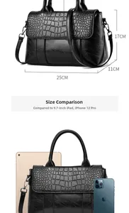 Sac à main noir motif crocodile 25x11x17cm comparé aux tailles d'un iPad et d'un iPhone