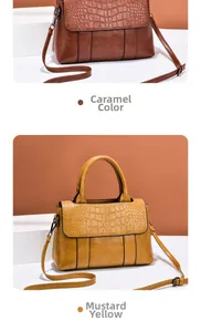 Détails des sacs à main en cuir caramel et jaune gingembre avec rabat motif crocodile