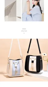 Professional studio shot comparing two elegant bucket shoulder bags in white and black