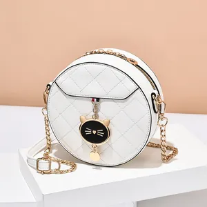 Borsa a Tracolla Trapuntata Rotonda da Donna in Pelle PU Moda Motivo a Losanghe Con Ciondolo a Gatto Tracolla a Catena in Metallo Dorato Borsa Quotidiana Casual