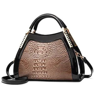 Classic crocodile pattern large capacity handbag with black patent leather and gold hardware