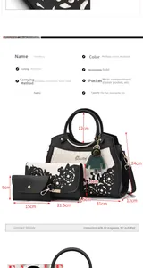 Three-piece women's handbag set showing PVC material and dimensions for each bag