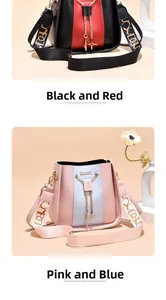 Two stylish women's bucket handbags featuring contrast color designs in black and pink
