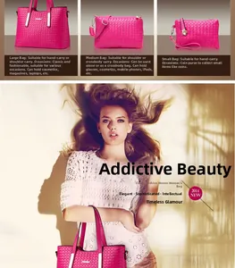 Dettaglio set 3 pezzi borse intrecciate magenta con borsa a mano, tracolla e pochette
