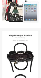 Detail of hollow out tote bag with metal handles and large capacity for iPad storage