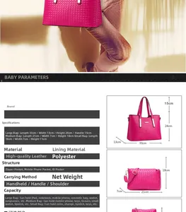 Set di tre borse in pelle intrecciata rosa fucsia con dettagli su dimensioni e stile