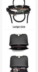 Large PU leather tote bag interior view showing dual main compartments and storage capacity
