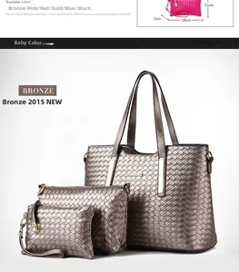 Dettaglio del set di 3 borse in pelle PU intrecciata bronzo con hardware in oro lucido