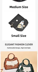 Detail view of medium PU leather handbag and small wallet with card slots and key hooks