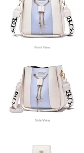 Front and side views of a stylish color-block bucket bag featuring star charm details