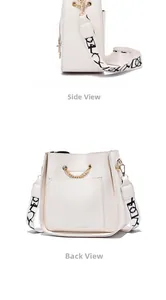 Detailed side and back views of a cream bucket bag with a stylish graphic strap