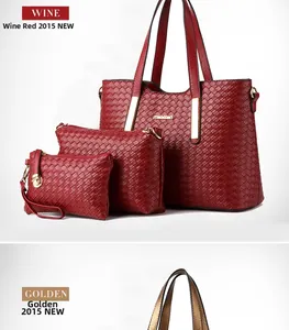Dettaglio del set borsa tote in pelle intrecciata bordeaux e oro con logo metallico