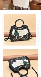 Detail of hollow floral pattern on a retro color-block tote bag with gold rivets