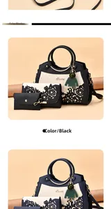 Detailed set of black and white handbags with hollow floral patterns and gold handles