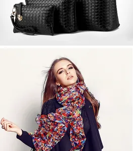 Dettaglio del set di 3 borse in pelle intrecciata nera con sciarpa floreale colorata