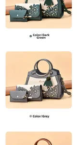 Close-up of hollowed-out PU leather tote bag set with tassels in dark green and grey