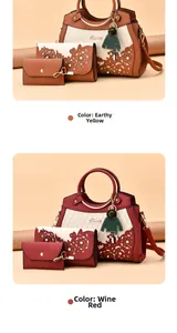 Detailed view of 3-piece bag set with hollow floral pattern and pearl handle decor