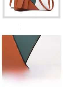 Détails du patchwork géométrique et de la texture litchi sur ce sac à main en cuir PU