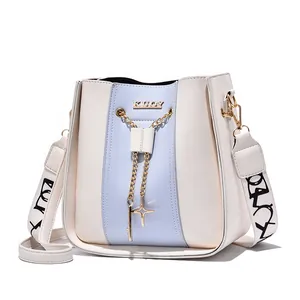 Stylish beige and lavender color-block bucket bag with gold chain and wide patterned strap