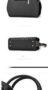 Detail view of black PU leather bag with rear zip pocket and protective metal feet