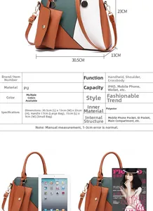 Spécifications détaillées du sac à main bicolore avec comparaison de taille par iPad
