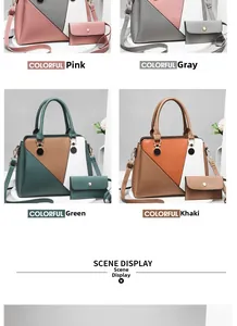 Détail d'un ensemble de sacs à main 2 pièces avec motifs géométriques et blocs de couleurs