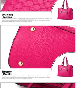 Dettaglio della trama intrecciata e dei piedini protettivi in metallo sulla borsa fucsia