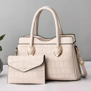 Chic cream white faux crocodile leather 2-piece tote and envelope bag set for women