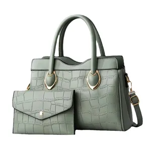 Pale green crocodile pattern PU leather tote bag and wallet set with gold hardware