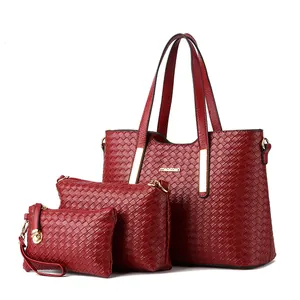 Set 3 pezzi di borse in pelle PU intrecciata rosso scuro con tote e tracolla inclusa