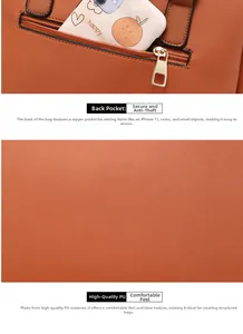 Détail de la poche antivol zippée au dos et texture en cuir PU sur le sac marron