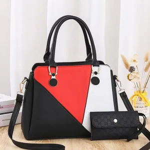 Sac à Main et Portefeuille Géométriques Color Block pour Femmes Grande Capacité Cuir PU Sac à Bandoulière Mode Quotidienne