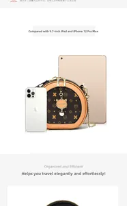 Comparaison de taille du sac rond à motifs marron avec une tablette pour montrer les dimensions