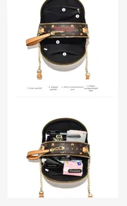 Détails des compartiments internes du sac bandoulière rond et capacité pour objets quotidiens