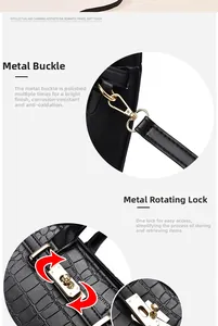 Dettaglio hardware dorato lucido e chiusura a girello su borsa a mano motivo coccodrillo