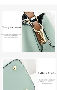 Detail of gold hardware, leather strap stitching, and bottom rivets on light green bag