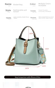 Detail view of light blue bucket bag showing 19x19x12cm size and internal structure