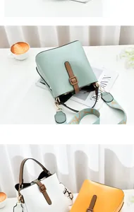Detail view of stylish bucket bags in mint green, white and yellow with floral straps