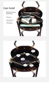 Deep burgundy leather handbag detail showing multi-compartment interior and spacious storage