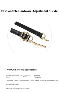 Detail showing golden metal chain strap and adjustable buckle on black shoulder bag