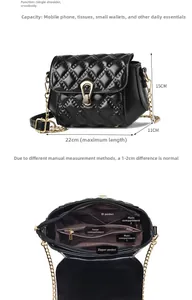 Detail view of black quilted crossbody bag with internal structure and dimensions