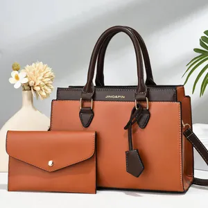 Two-piece set with caramel tote and envelope clutch bag for women in premium vegan leather