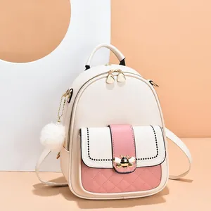 Beige and pink stylish bee backpack for women with quilted detail and pom-pom charm